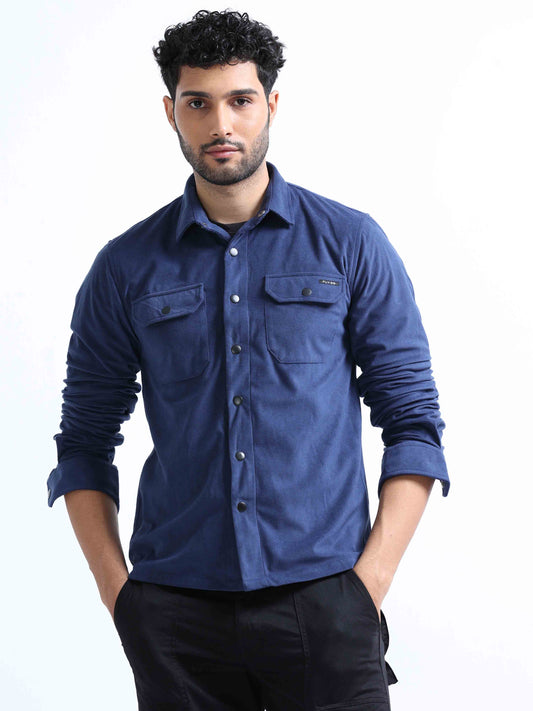 Greyish Blue Velvet Over Double Pocket Shirt For Men