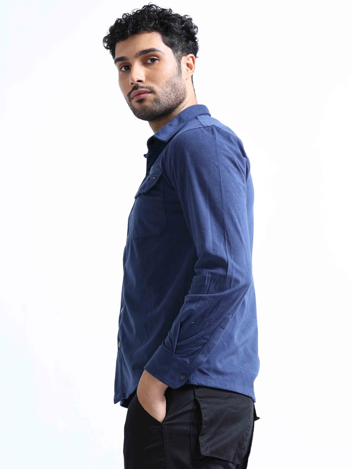 Greyish Blue Velvet Over Double Pocket Shirt For Men