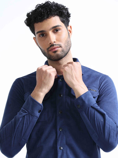 Greyish Blue Velvet Over Double Pocket Shirt For Men