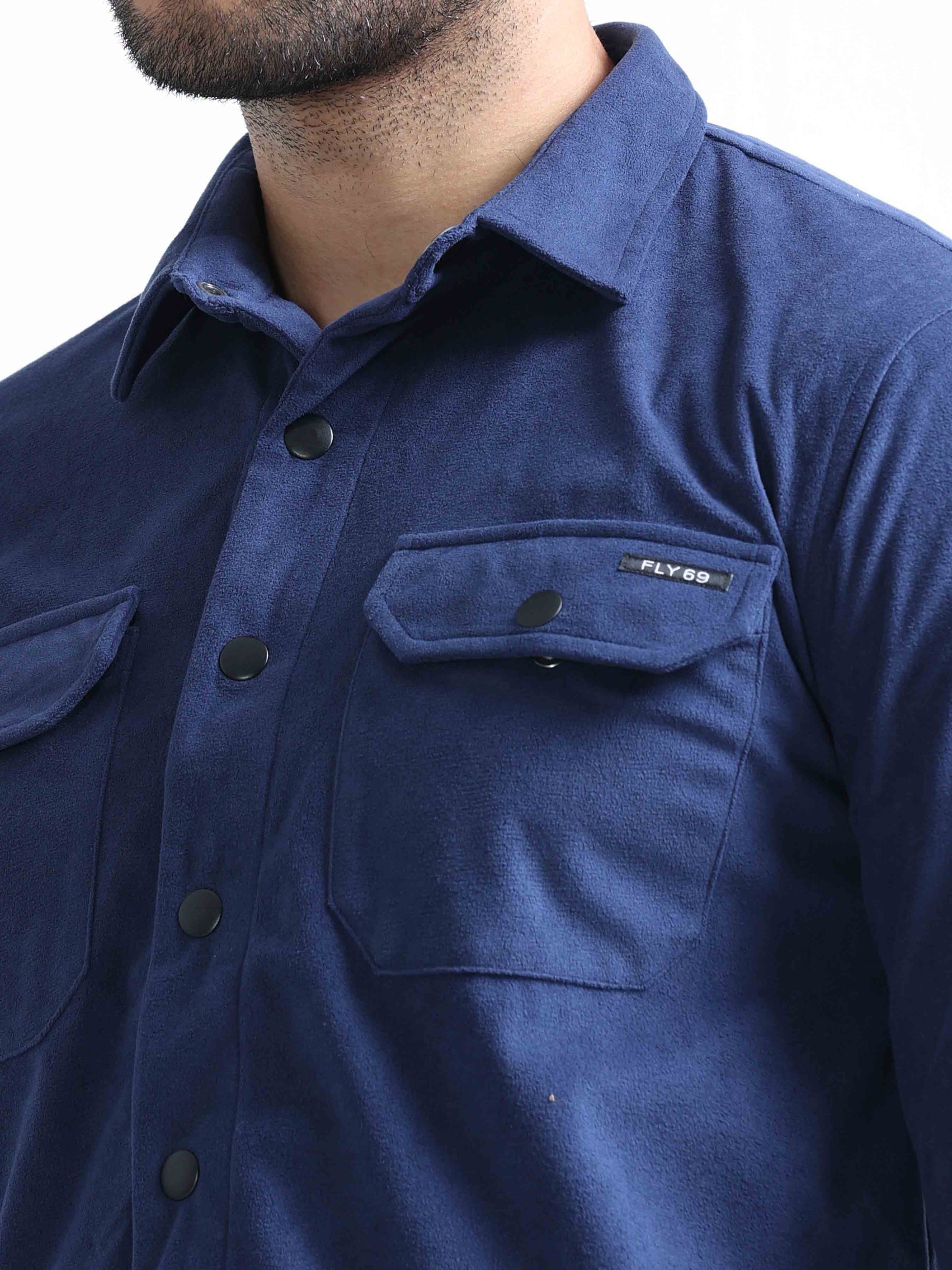 Greyish Blue Velvet Over Double Pocket Shirt For Men