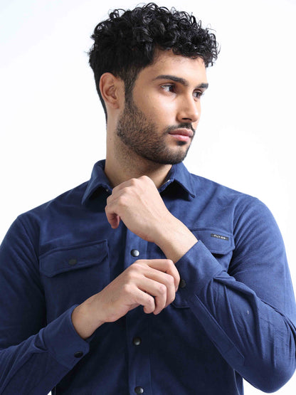 Greyish Blue Velvet Over Double Pocket Shirt For Men