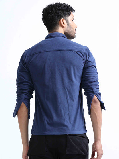 Greyish Blue Velvet Over Double Pocket Shirt For Men