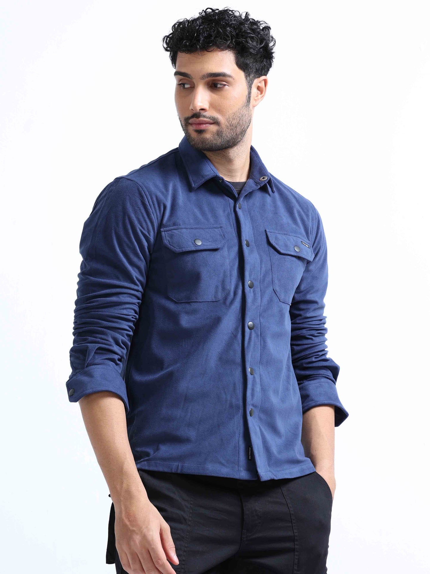 Greyish Blue Velvet Over Double Pocket Shirt For Men