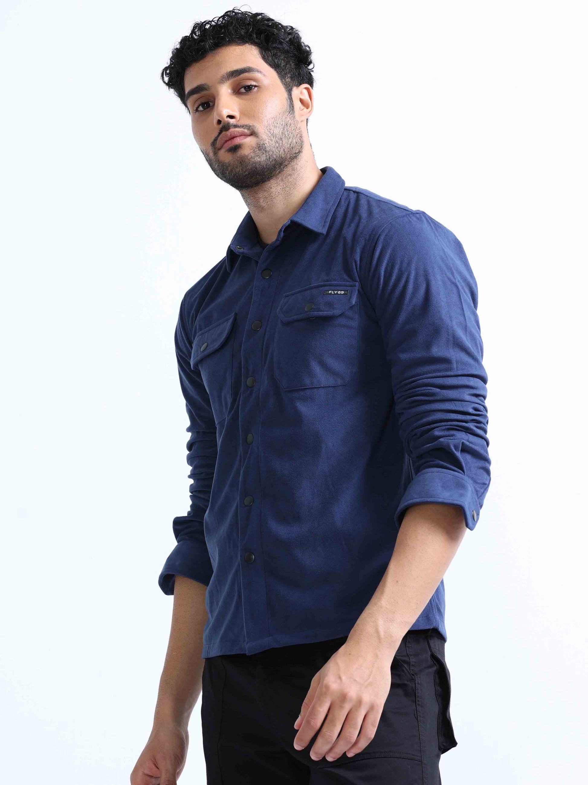 Greyish Blue Velvet Over Double Pocket Shirt For Men