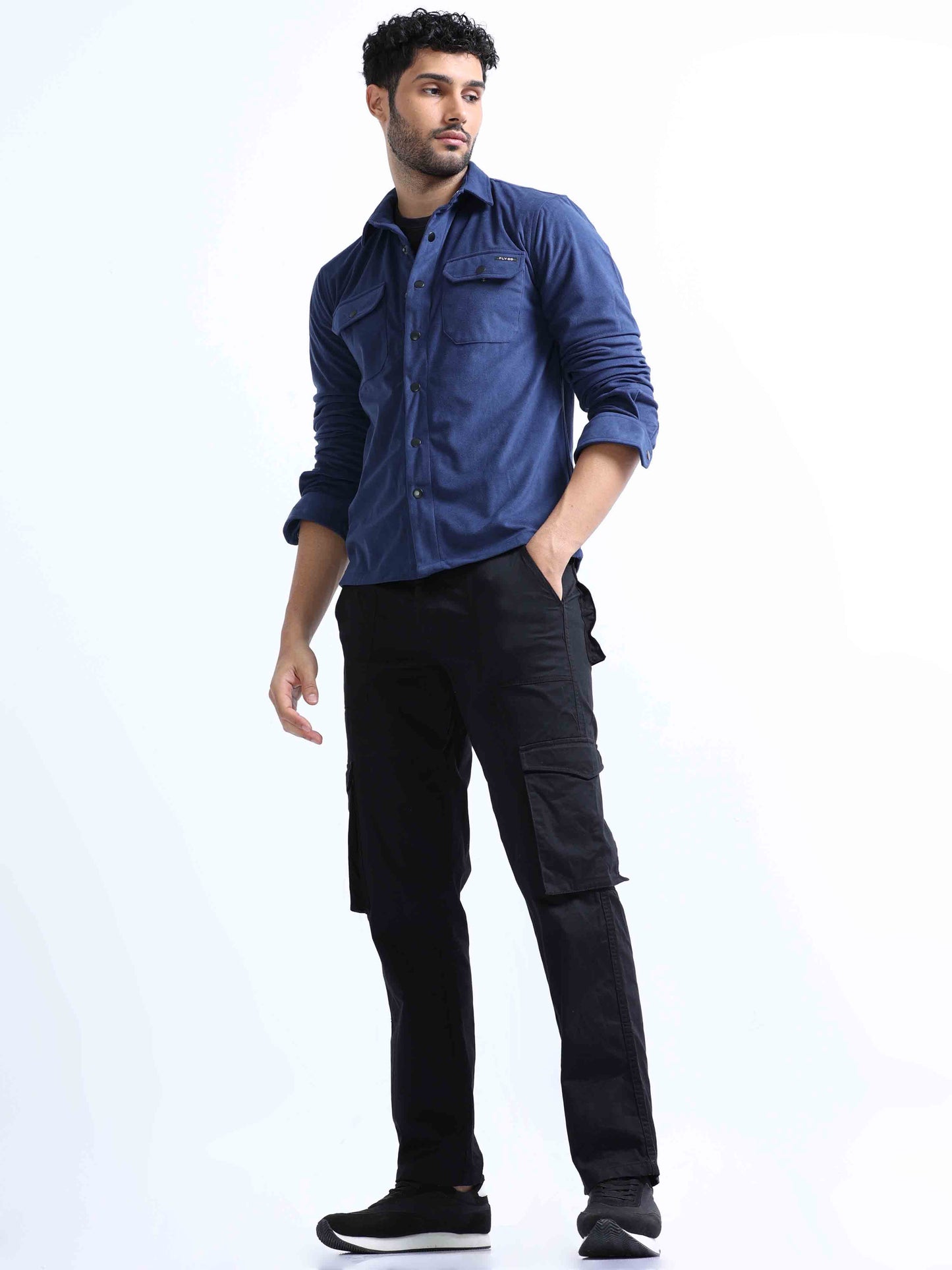 Greyish Blue Velvet Over Double Pocket Shirt For Men