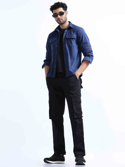 Greyish Blue Velvet Over Double Pocket Shirt For Men