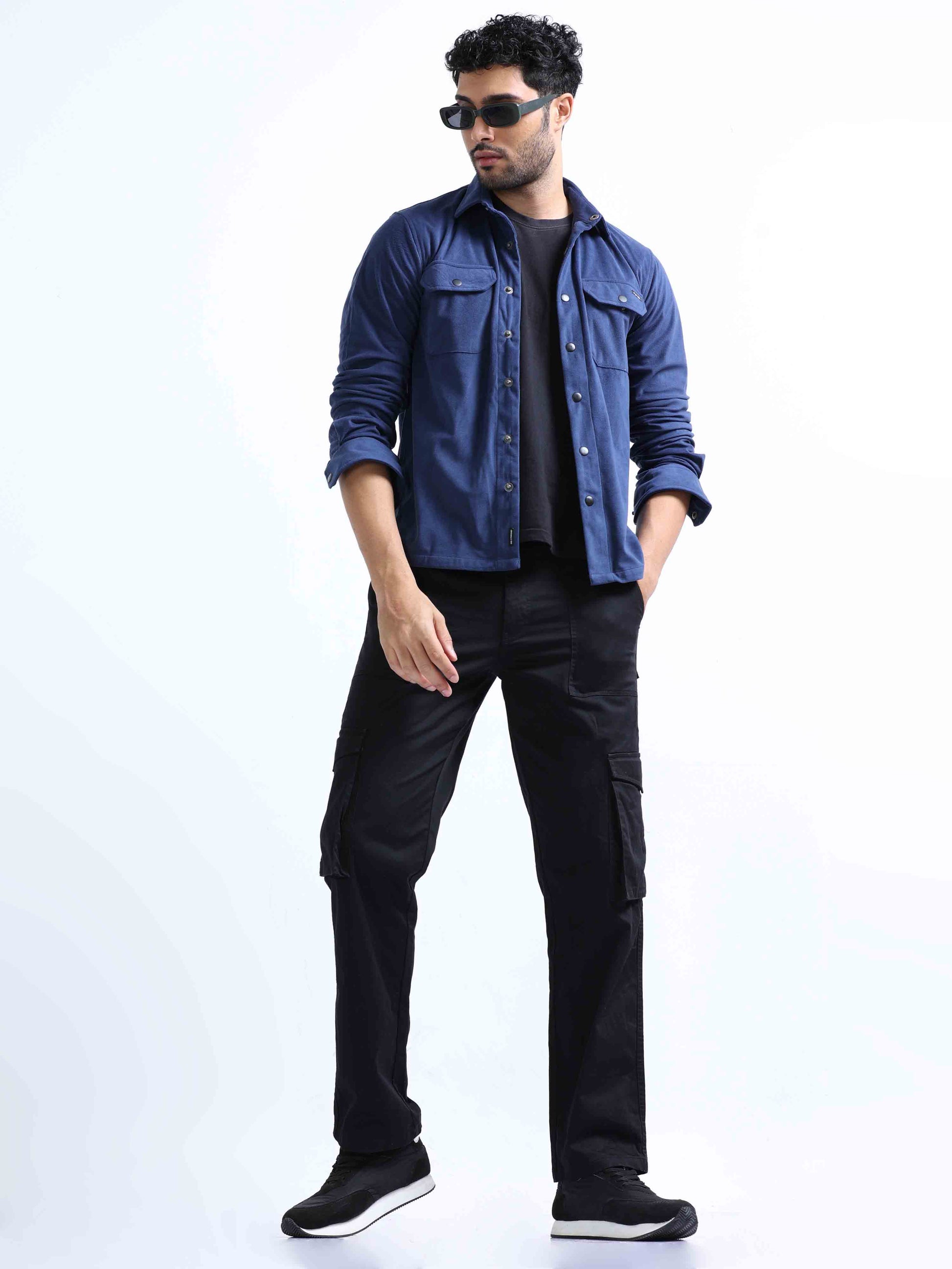 Greyish Blue Velvet Over Double Pocket Shirt For Men