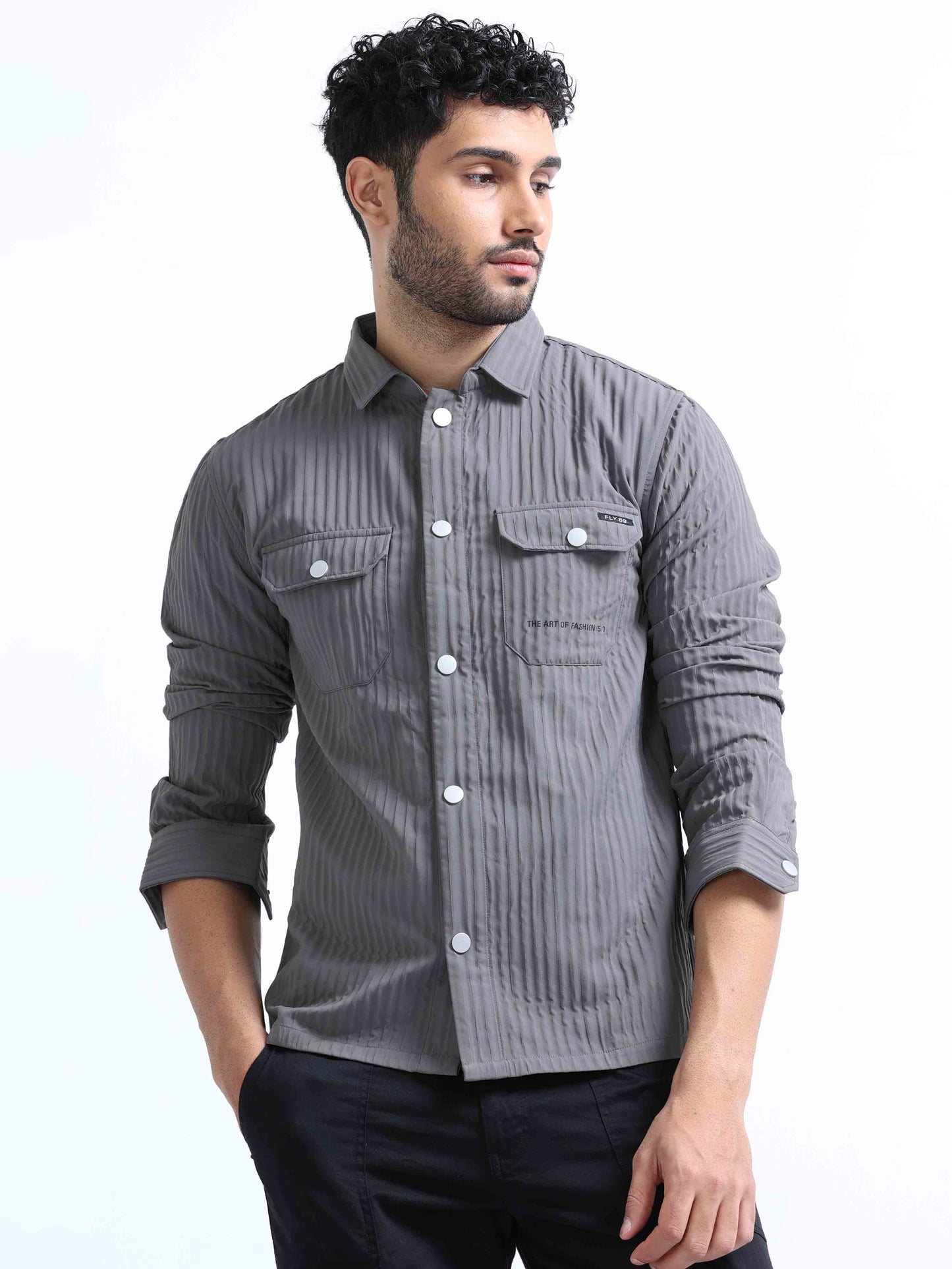 Dark Grey Blend Over Double Pocket Shirt For Men 