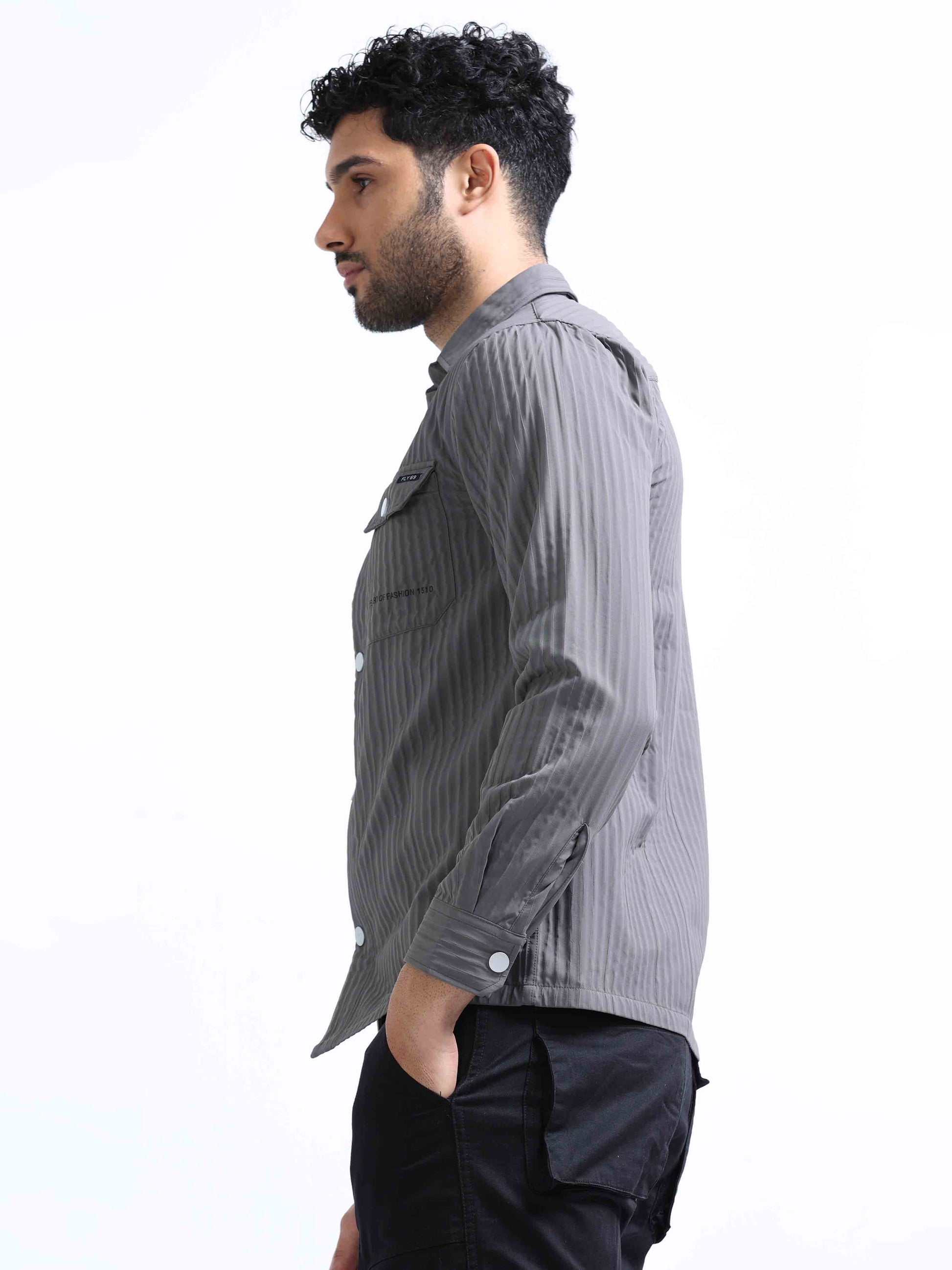 Dark Grey Blend Over Double Pocket Shirt For Men 