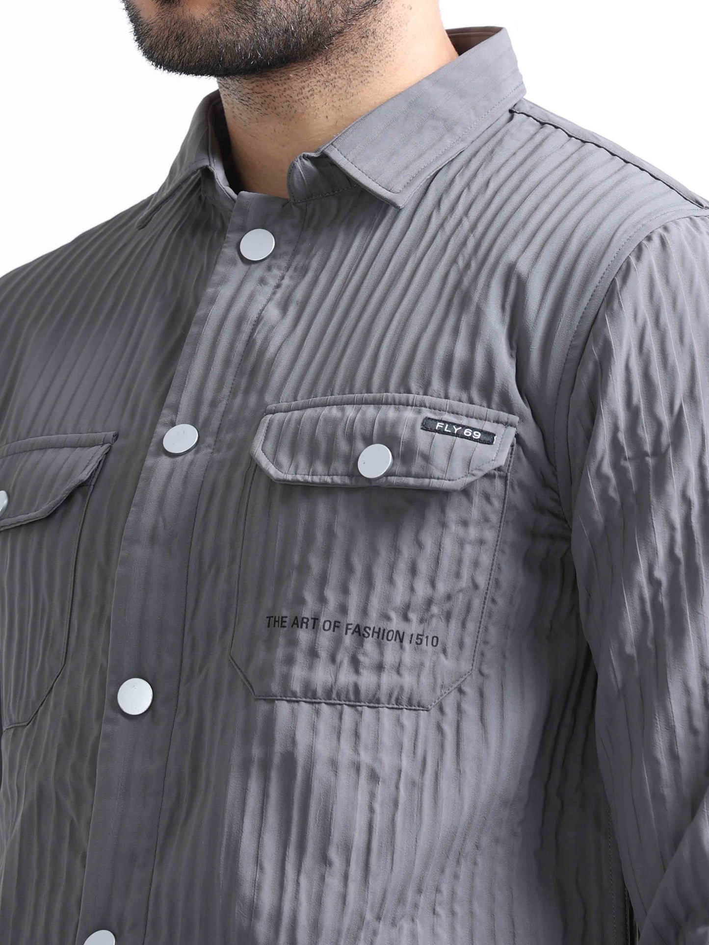 Dark Grey Blend Over Double Pocket Shirt For Men 