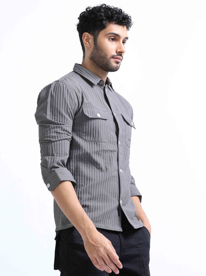 Dark Grey Blend Over Double Pocket Shirt For Men 