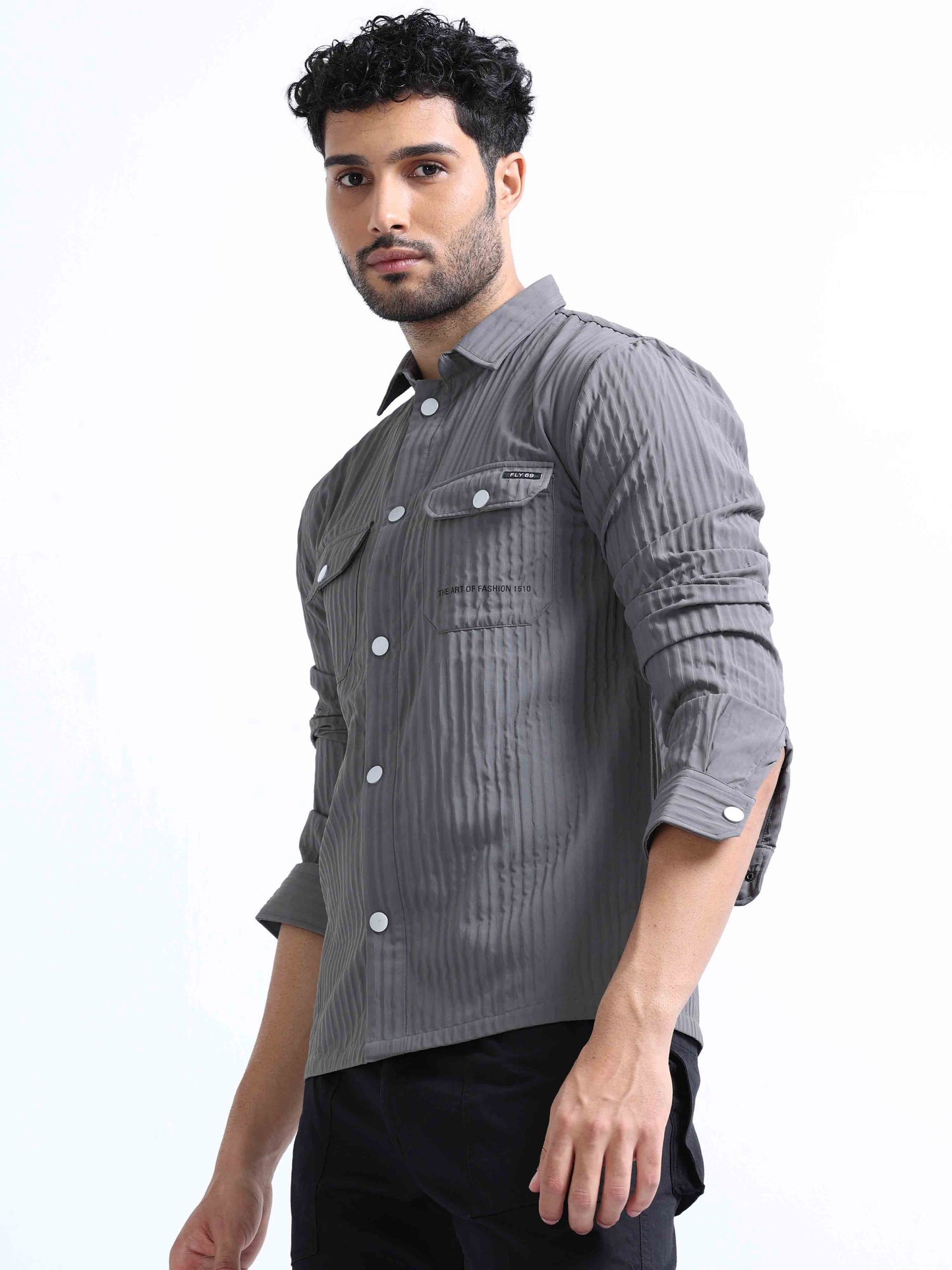 Dark Grey Blend Over Double Pocket Shirt For Men 