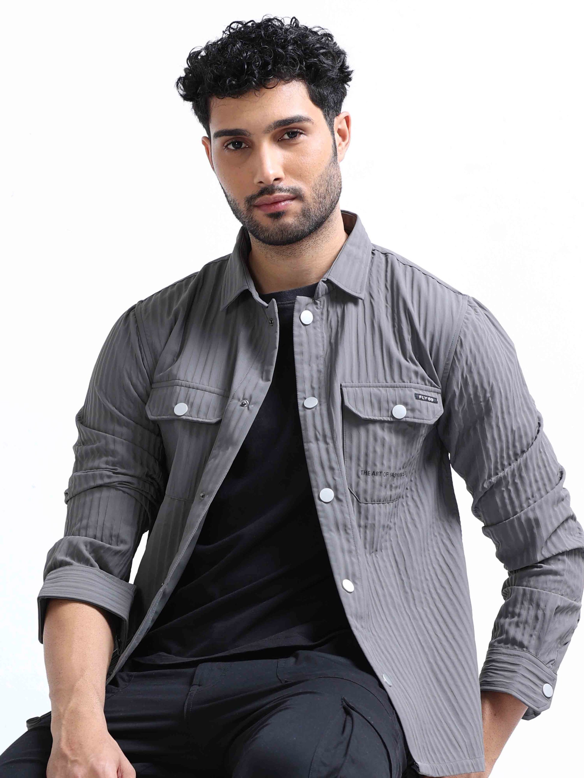 Dark Grey Blend Over Double Pocket Shirt For Men 