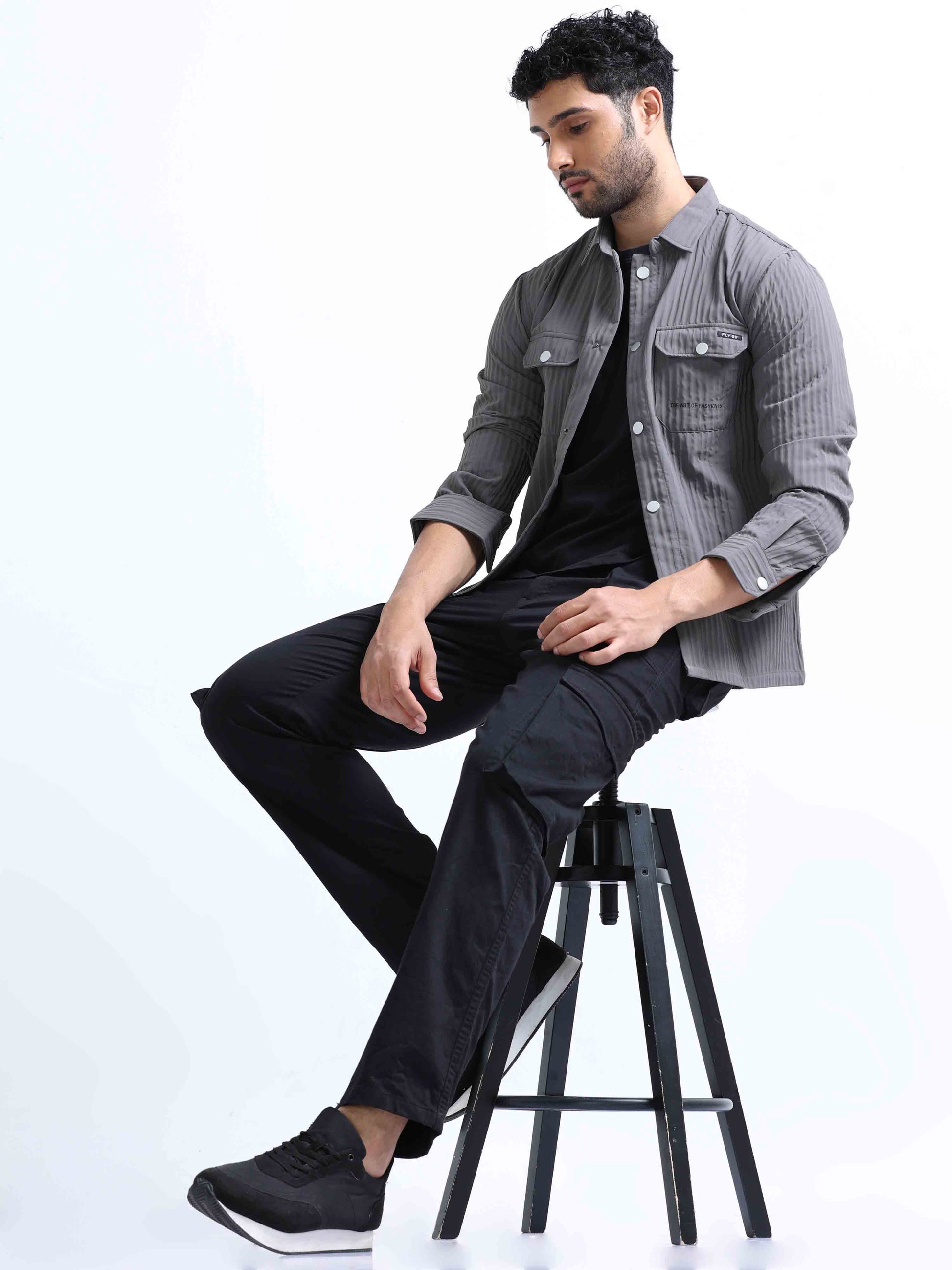 Dark Grey Blend Over Double Pocket Shirt For Men 