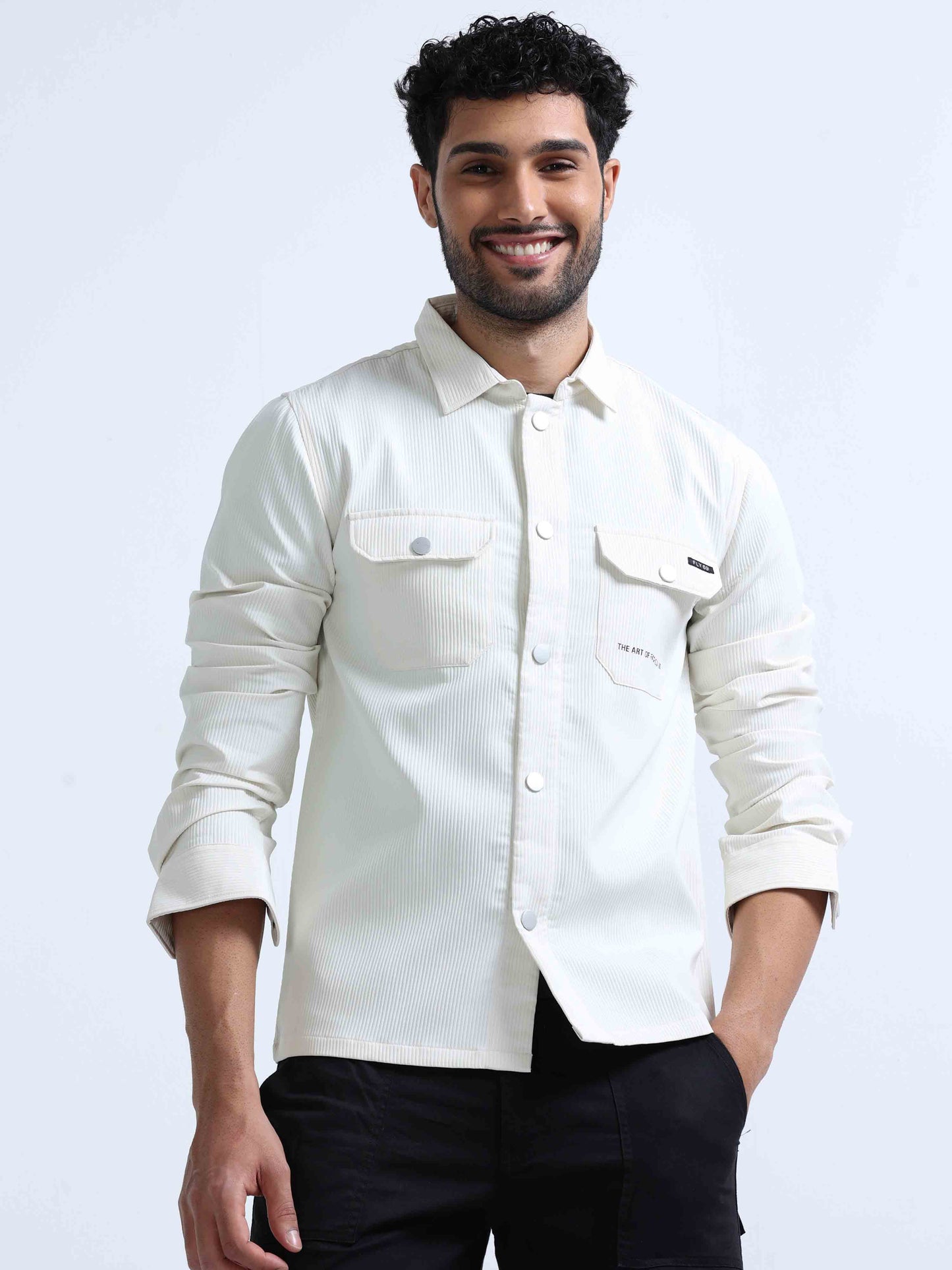 White Blend Over Double Pocket Shirt For Men 