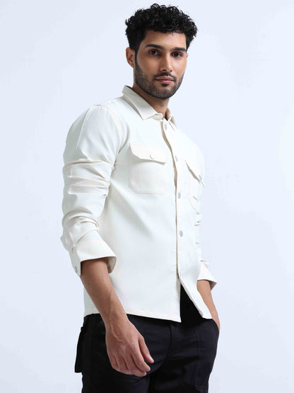 White Blend Over Double Pocket Shirt For Men 