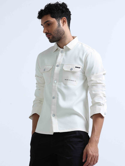 White Blend Over Double Pocket Shirt For Men 