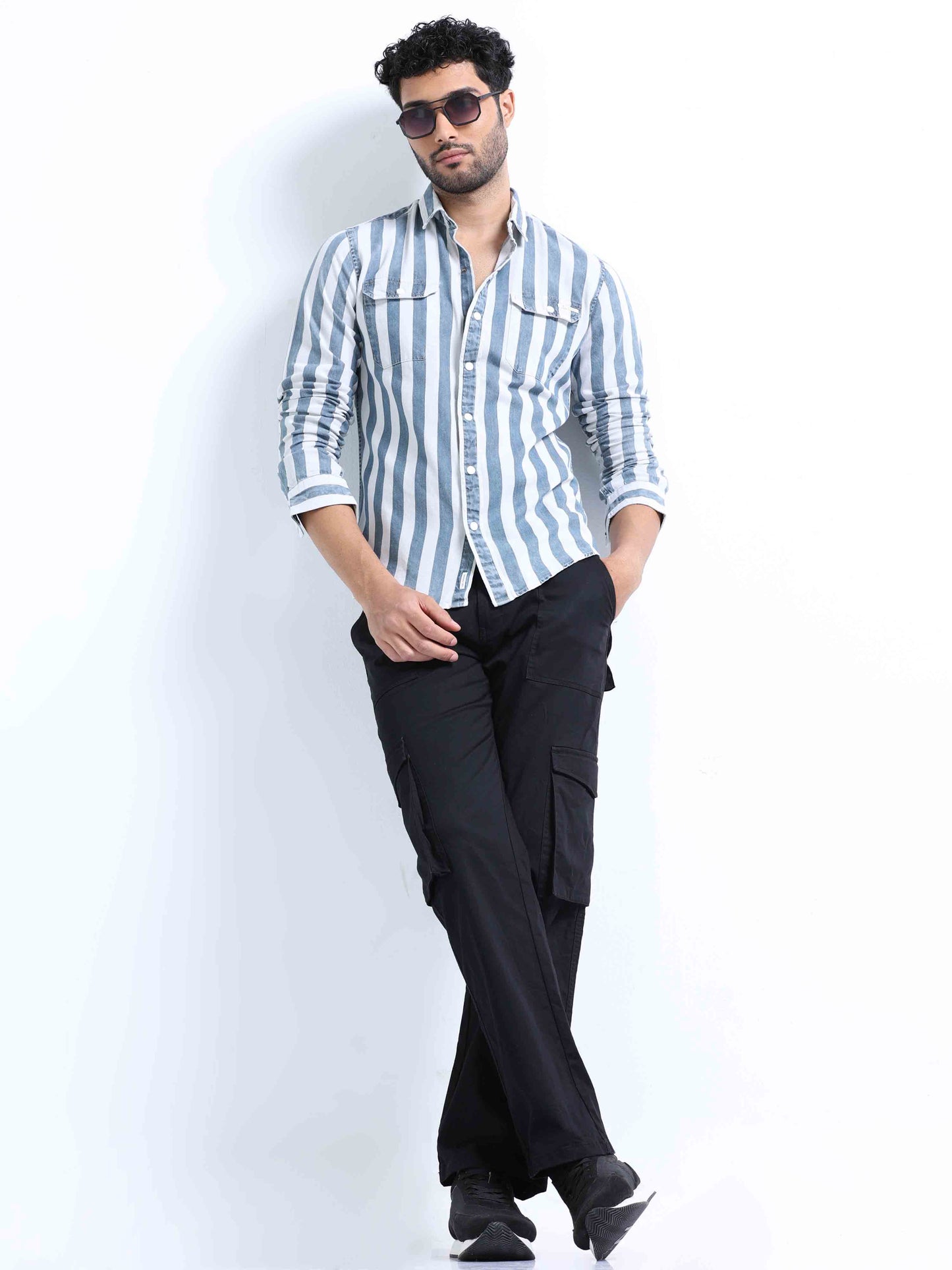 Grey Striped Denim Double Pocket Shirt For Men 