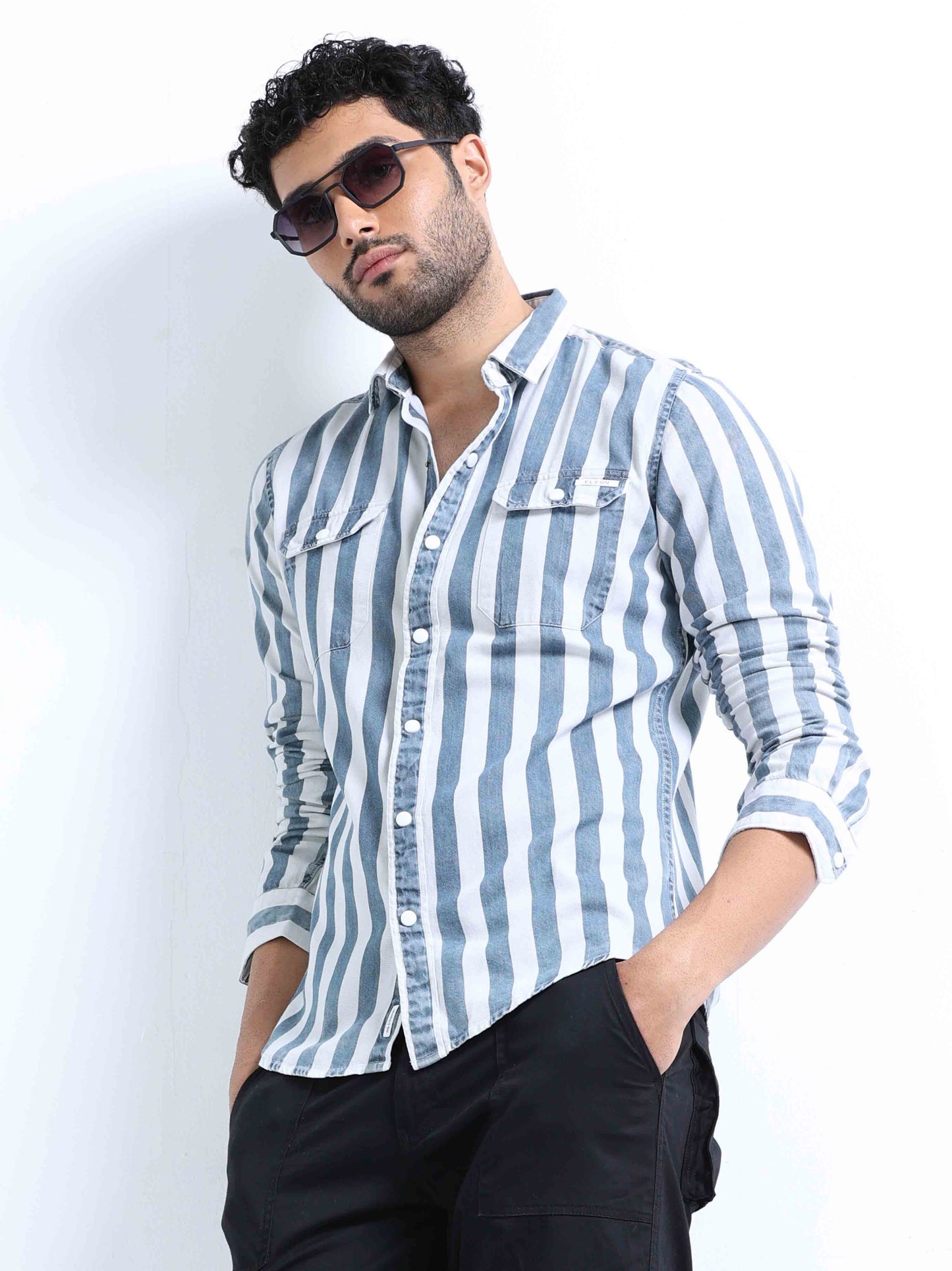 Grey Striped Denim Double Pocket Shirt For Men 