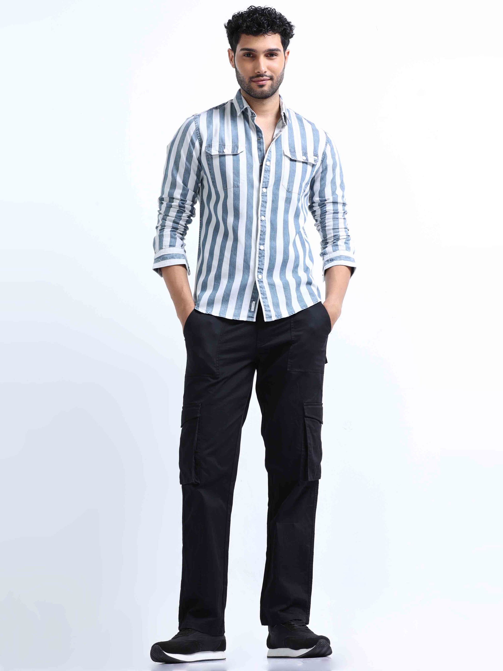 Grey Striped Denim Double Pocket Shirt For Men 