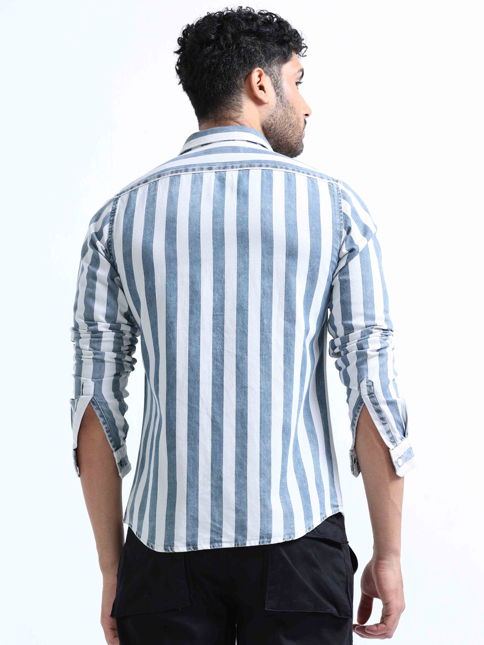 Grey Striped Denim Double Pocket Shirt For Men 