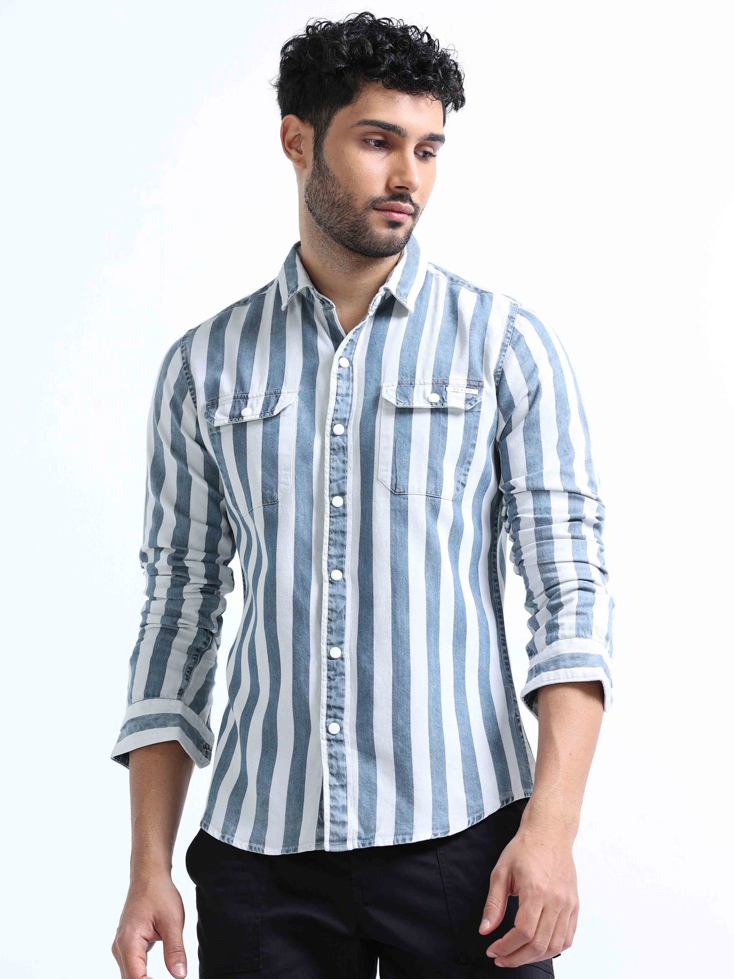 Grey Striped Denim Double Pocket Shirt For Men 