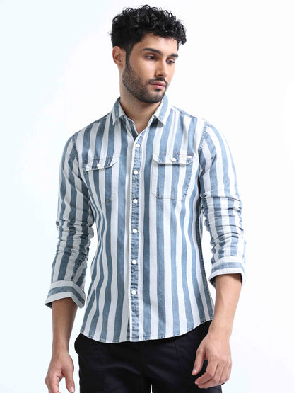 Grey Striped Denim Double Pocket Shirt For Men 