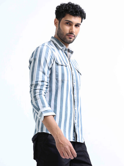 Grey Striped Denim Double Pocket Shirt For Men 