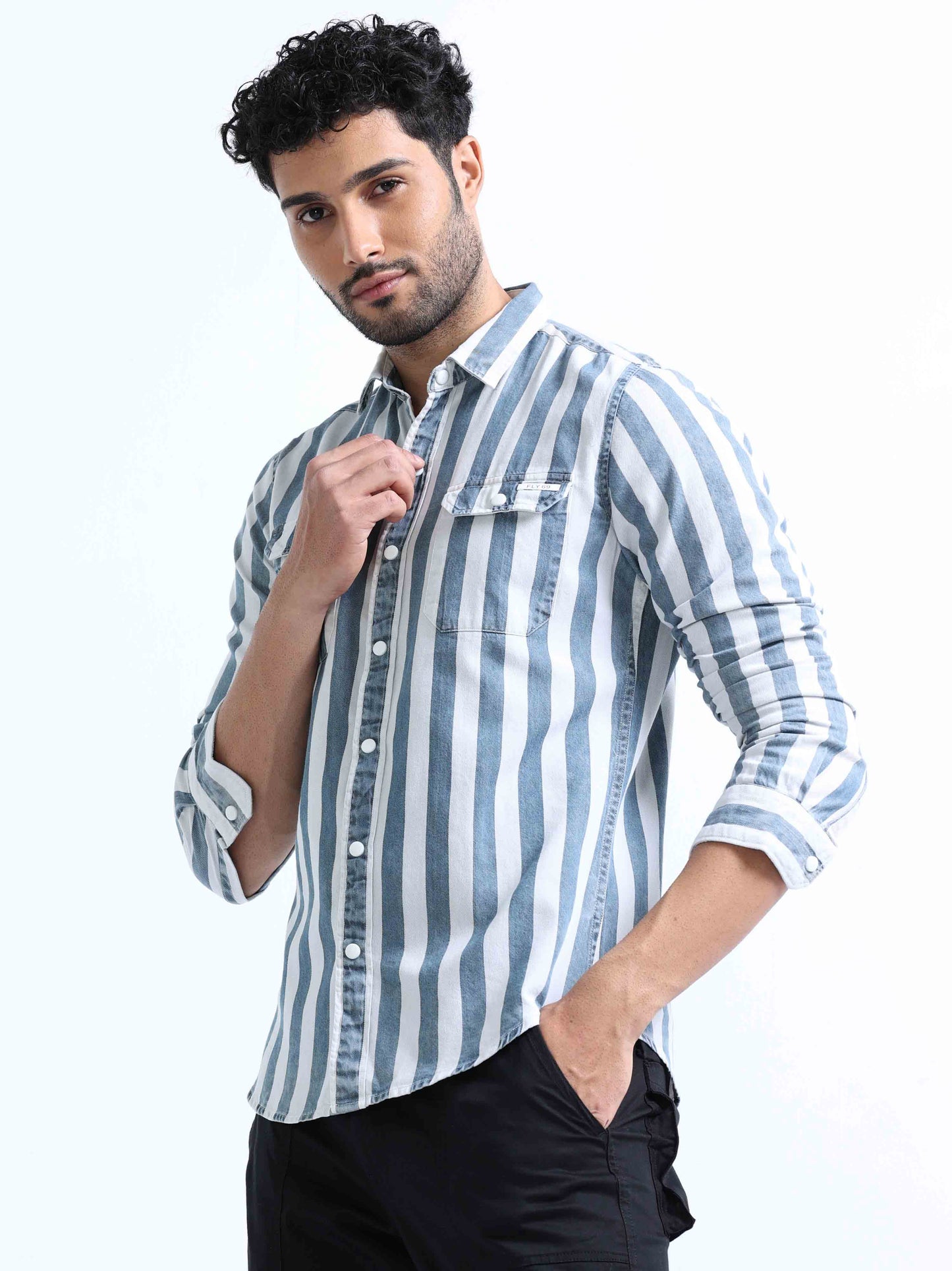 Grey Striped Denim Double Pocket Shirt For Men 