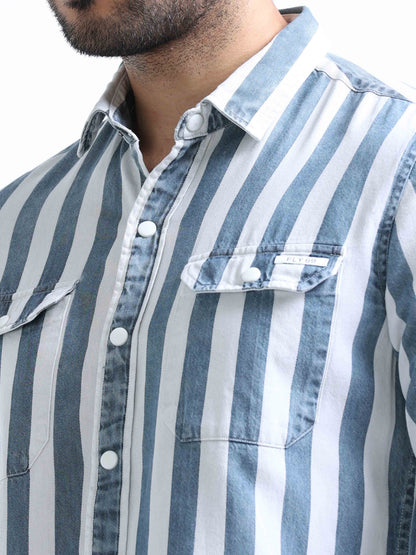 Grey Striped Denim Double Pocket Shirt For Men 