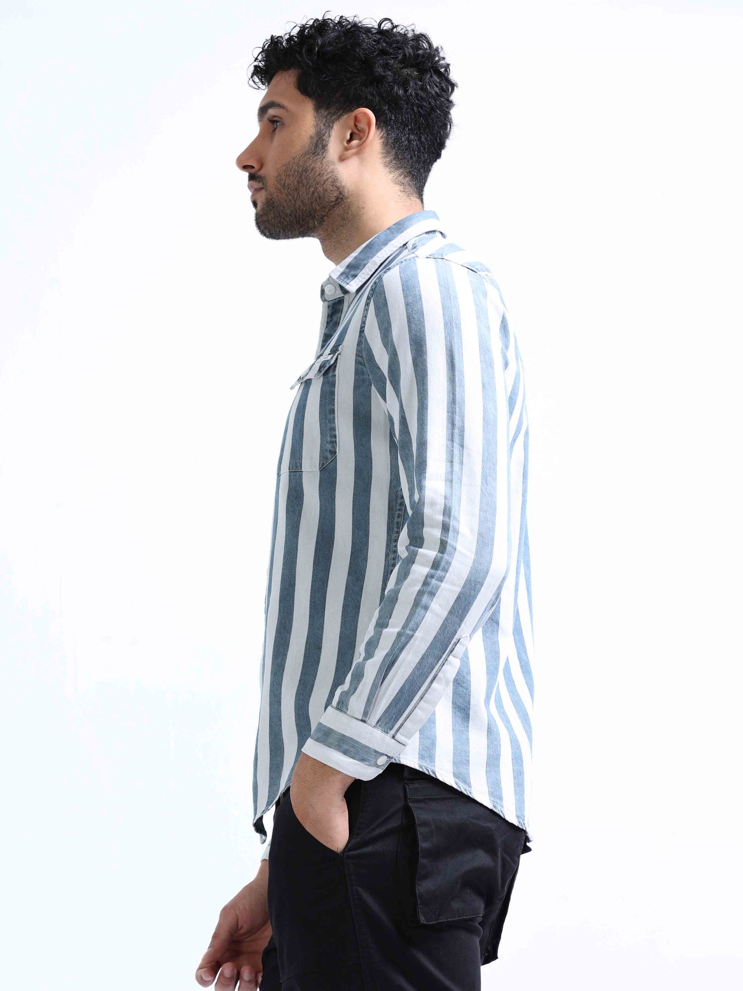 Grey Striped Denim Double Pocket Shirt For Men 