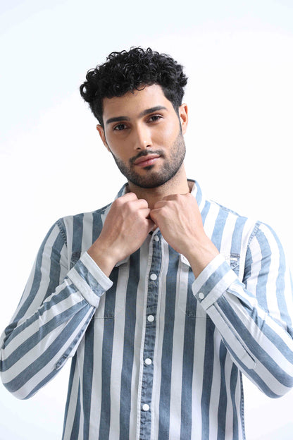 Grey Striped Denim Double Pocket Shirt For Men 
