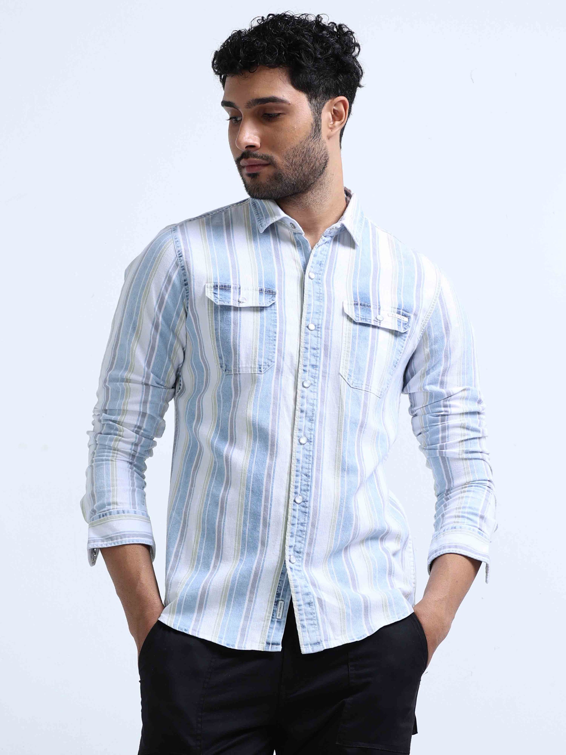 Light Blue Striped Denim Double Pocket Shirt For Men 