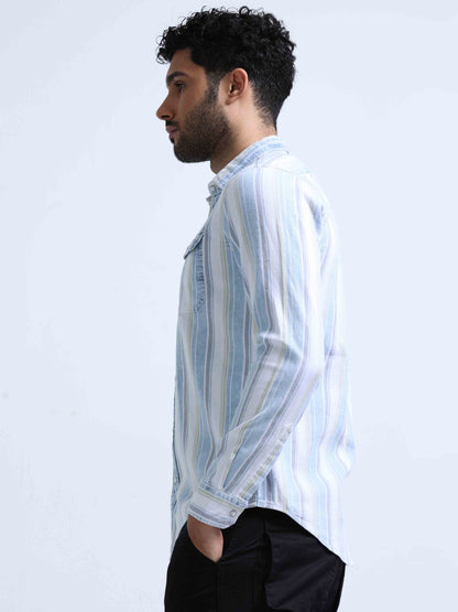 Light Blue Striped Denim Double Pocket Shirt For Men 