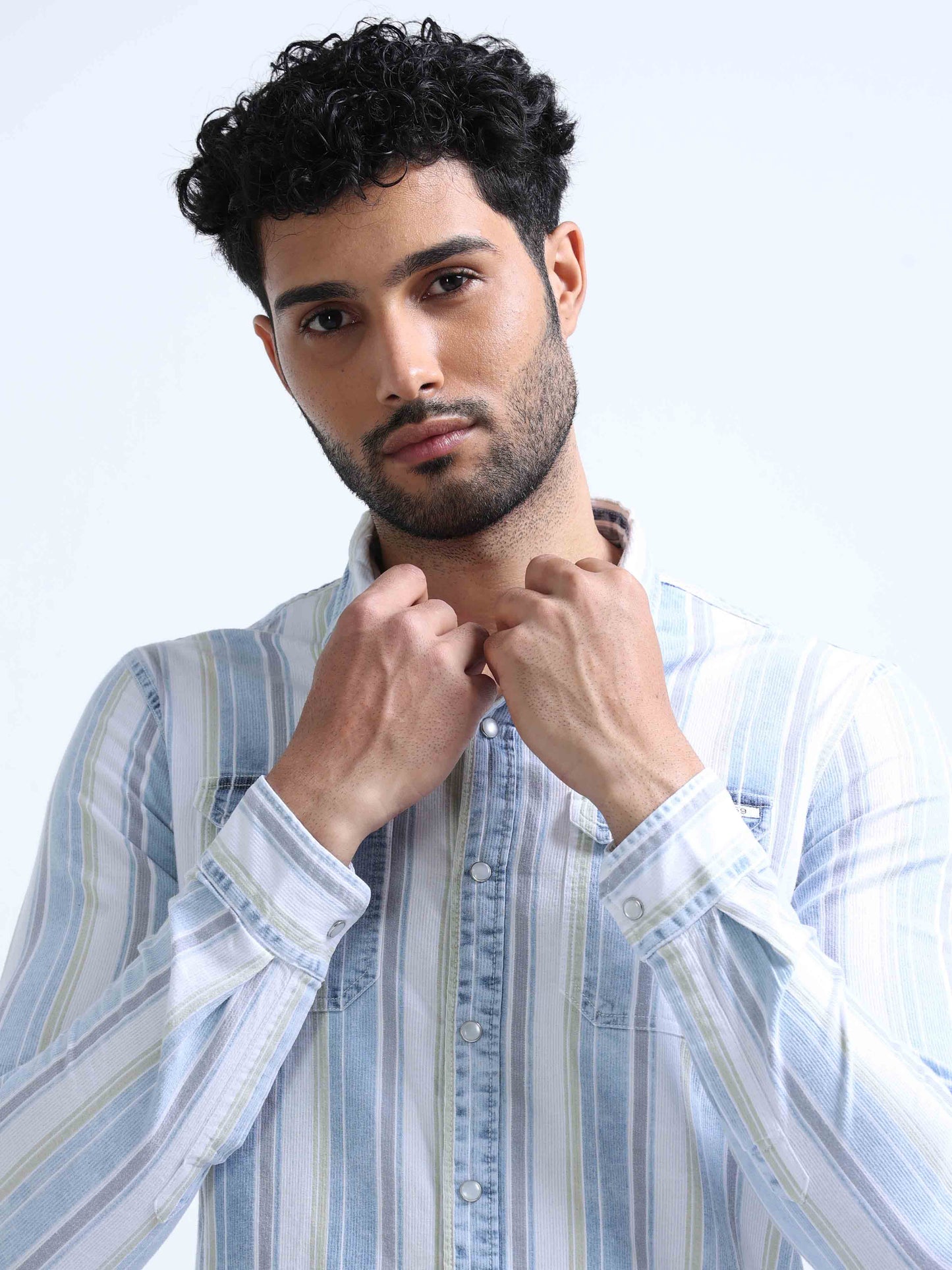 Light Blue Striped Denim Double Pocket Shirt For Men 