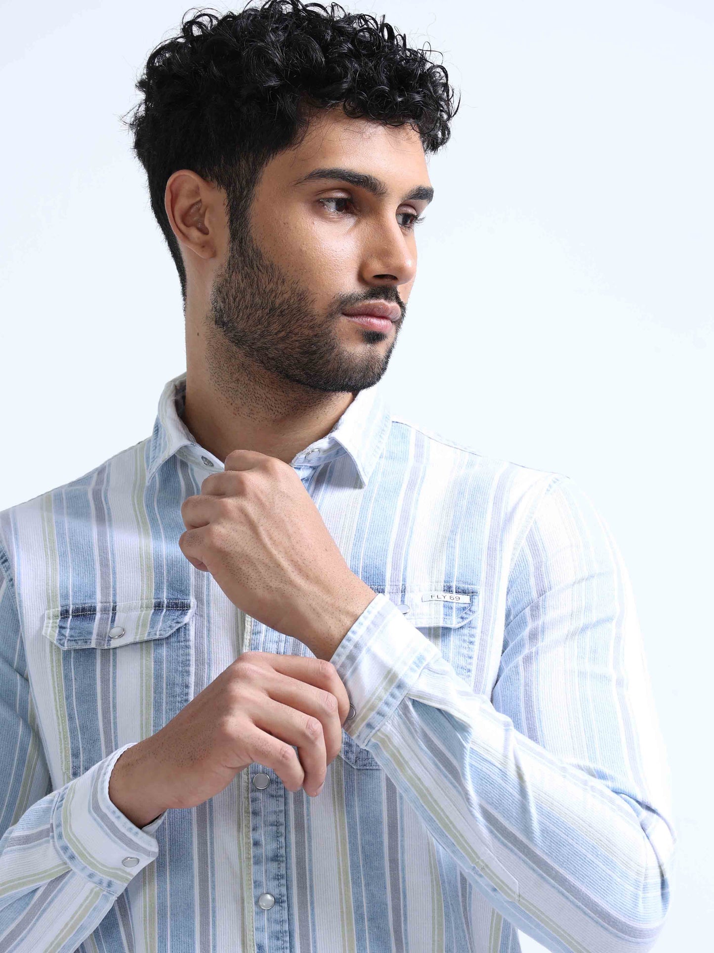 Light Blue Striped Denim Double Pocket Shirt For Men 