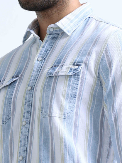 Light Blue Striped Denim Double Pocket Shirt For Men 