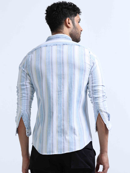 Light Blue Striped Denim Double Pocket Shirt For Men 