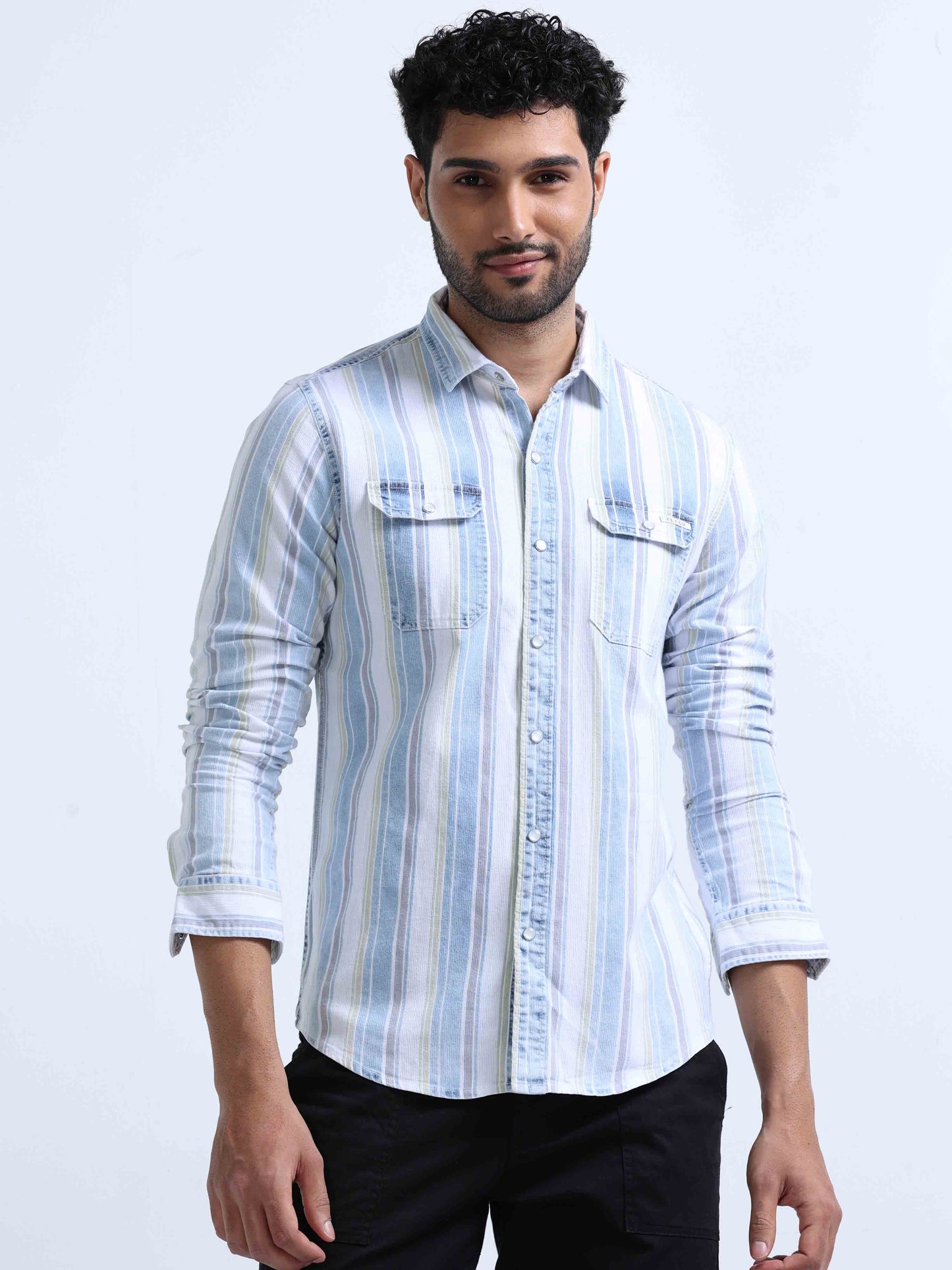 Light Blue Striped Denim Double Pocket Shirt For Men 