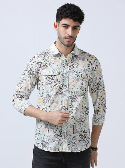 Beige  Abstract  Printed Double Pocket Shirt