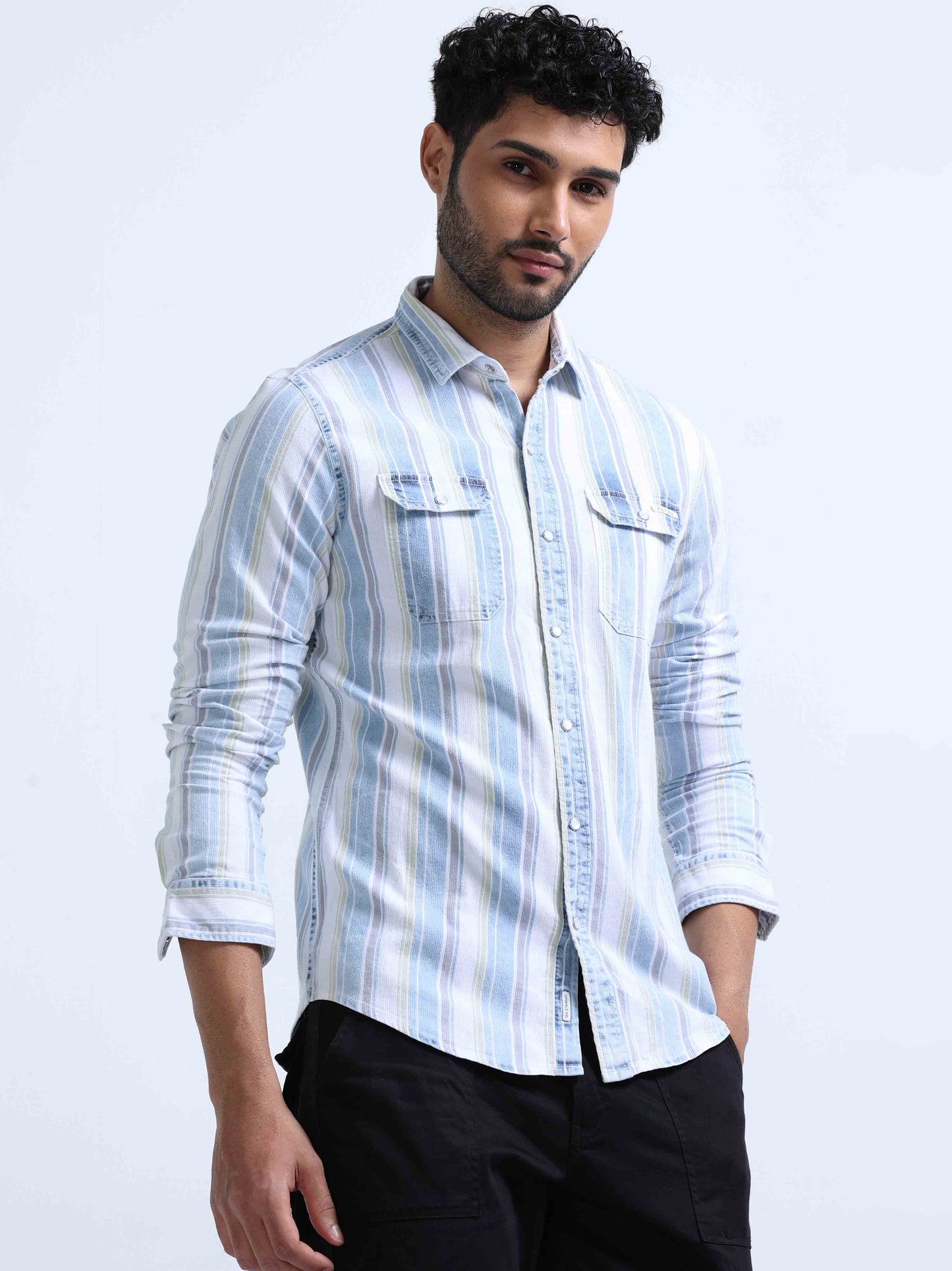 Light Blue Striped Denim Double Pocket Shirt For Men 