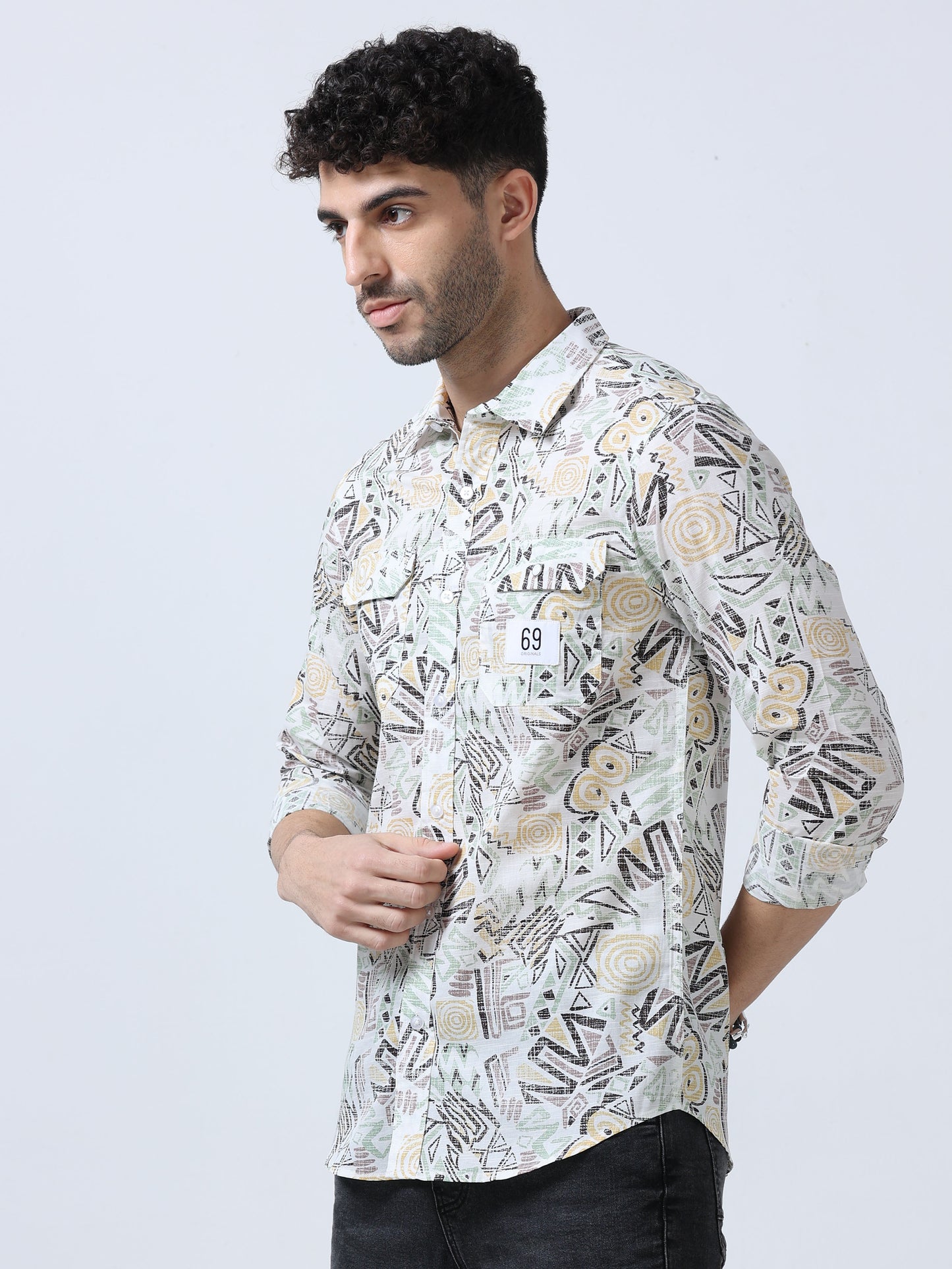 Beige  Abstract  Printed Double Pocket Shirt