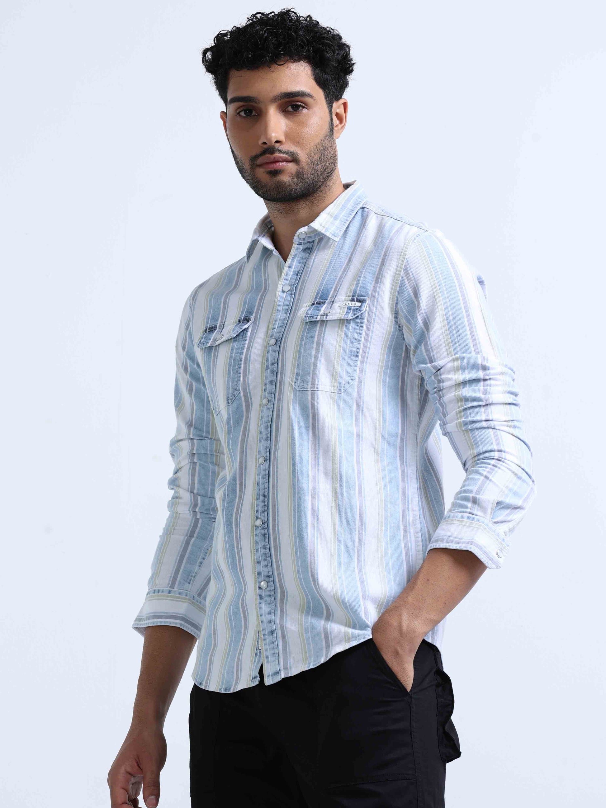 Light Blue Striped Denim Double Pocket Shirt For Men 