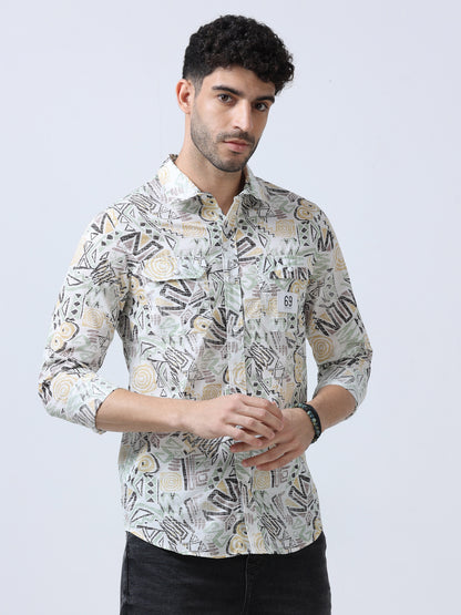 Beige  Abstract  Printed Double Pocket Shirt