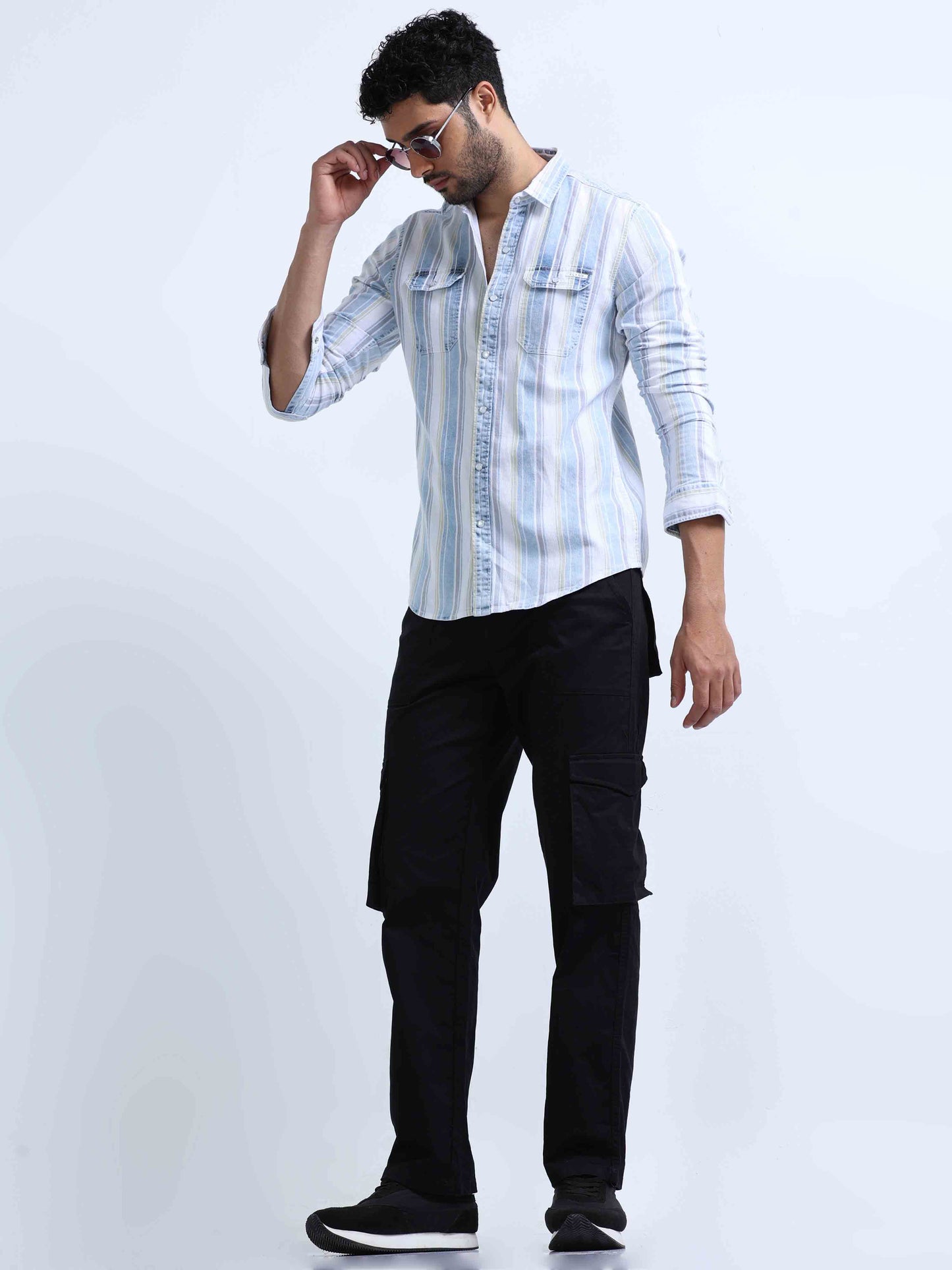 Light Blue Striped Denim Double Pocket Shirt For Men 