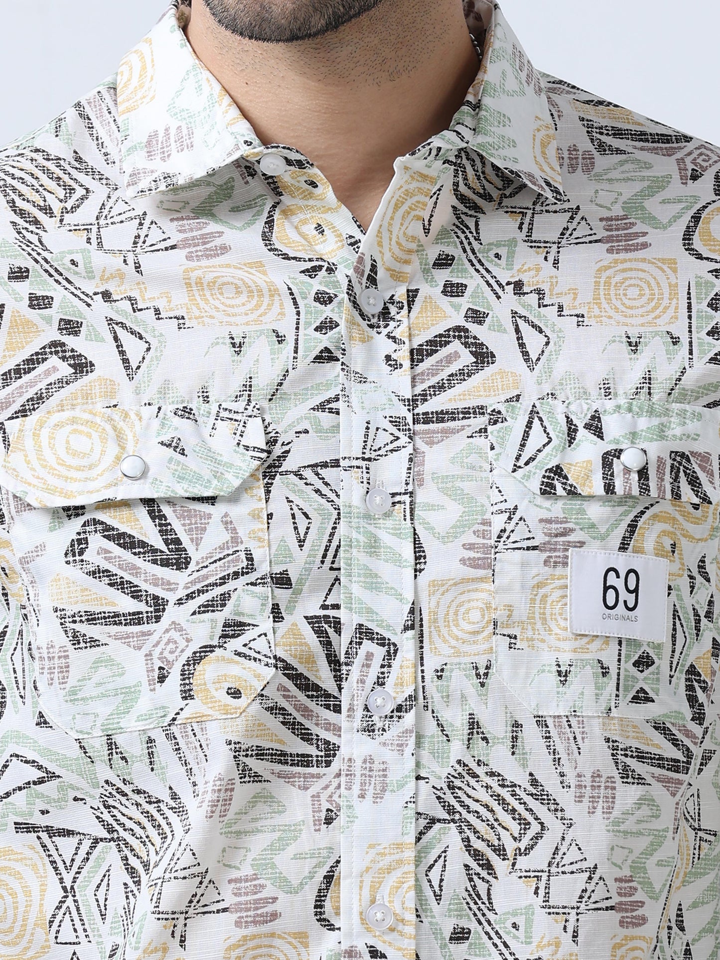 Beige  Abstract  Printed Double Pocket Shirt