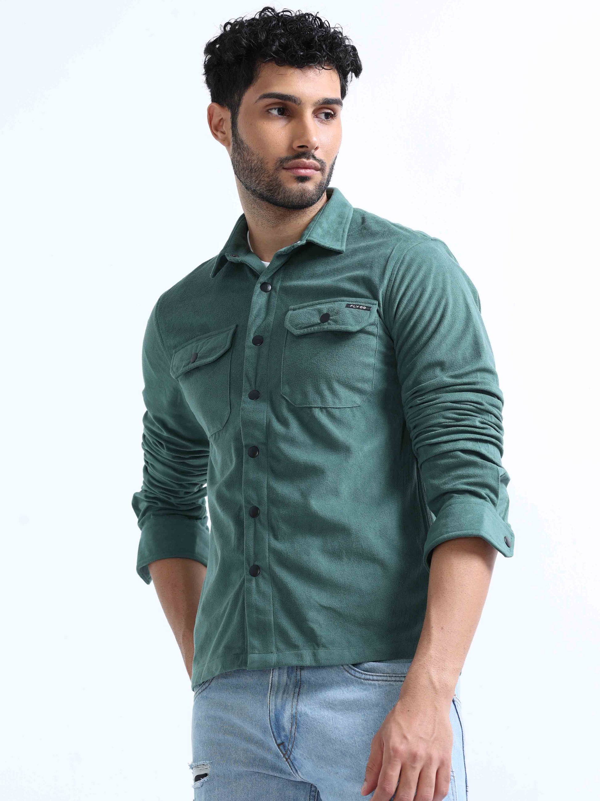 Peacock Green Velvet Over Full Sleeve Shirt For Men