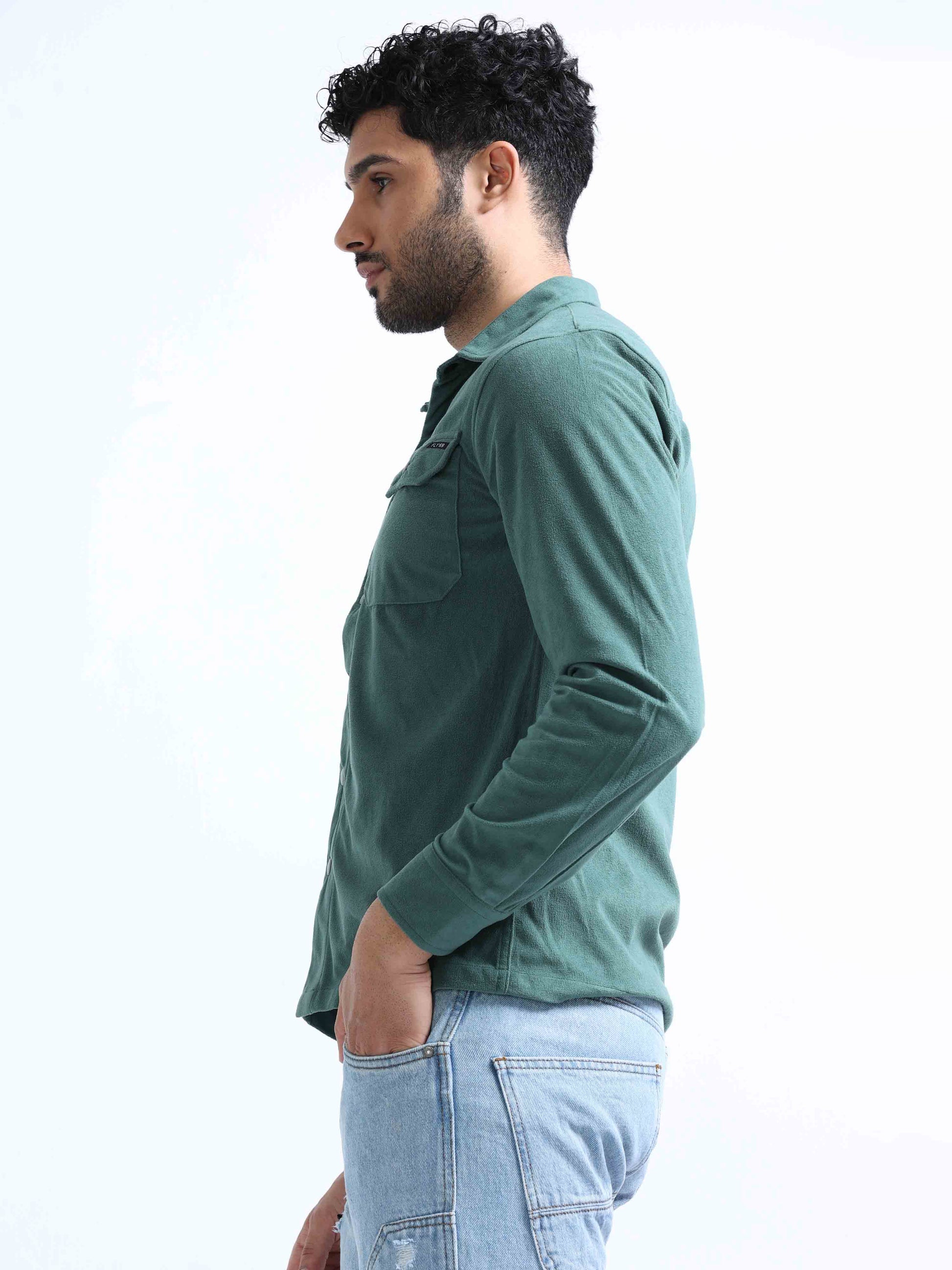 Peacock Green Velvet Over Full Sleeve Shirt For Men