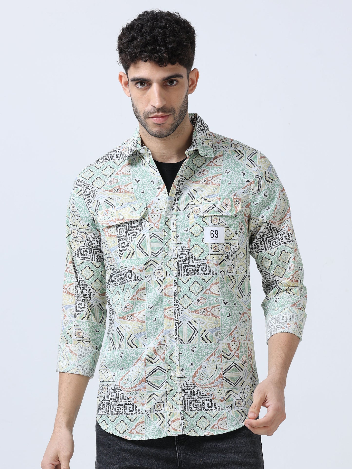 Blue Abstract  Printed Double Pocket Shirt