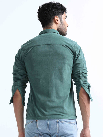 Peacock Green Velvet Over Full Sleeve Shirt For Men